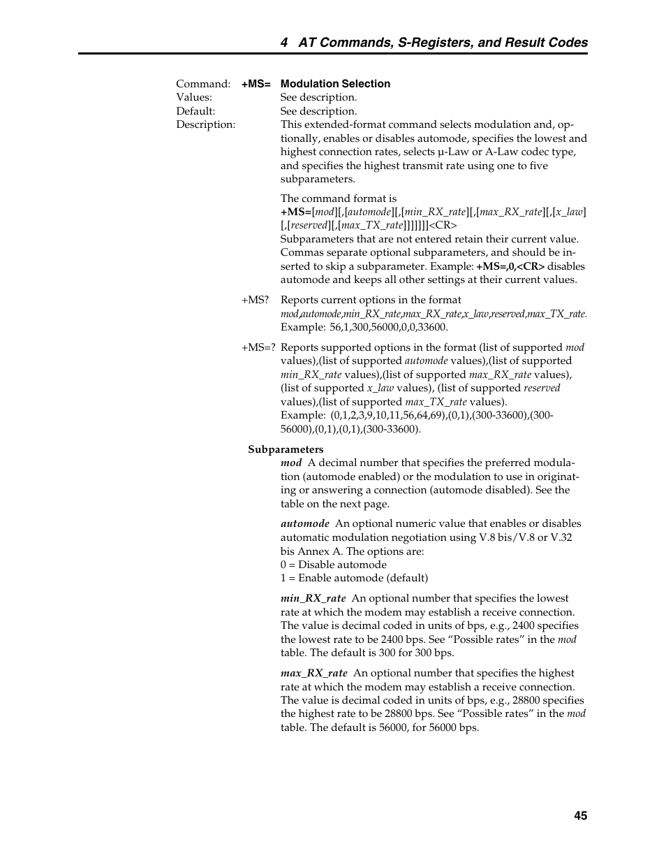4 at commands, s-registers, and result codes | Multi-Tech Systems MT5600BL User Manual | Page 53 / 118