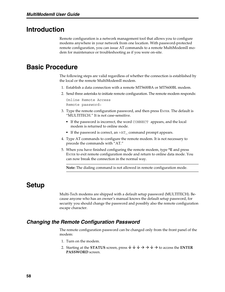 Chapter 5: remote configuration, Introduction, Basic procedure | Setup, Changing the remote configuration password, Introduction basic procedure setup | Multi-Tech Systems MT5600BL User Manual | Page 66 / 118