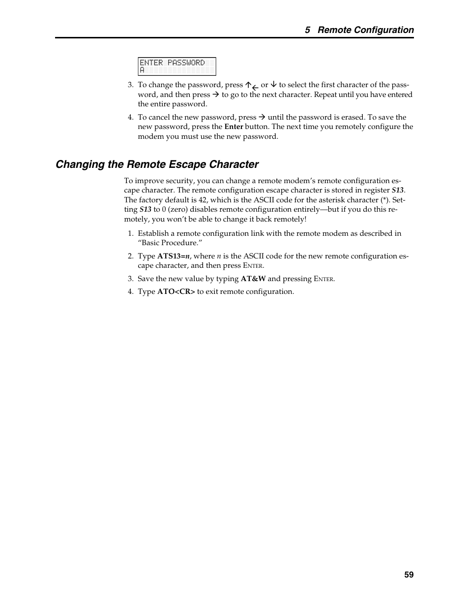 Changing the remote escape character, 5 remote configuration | Multi-Tech Systems MT5600BL User Manual | Page 67 / 118