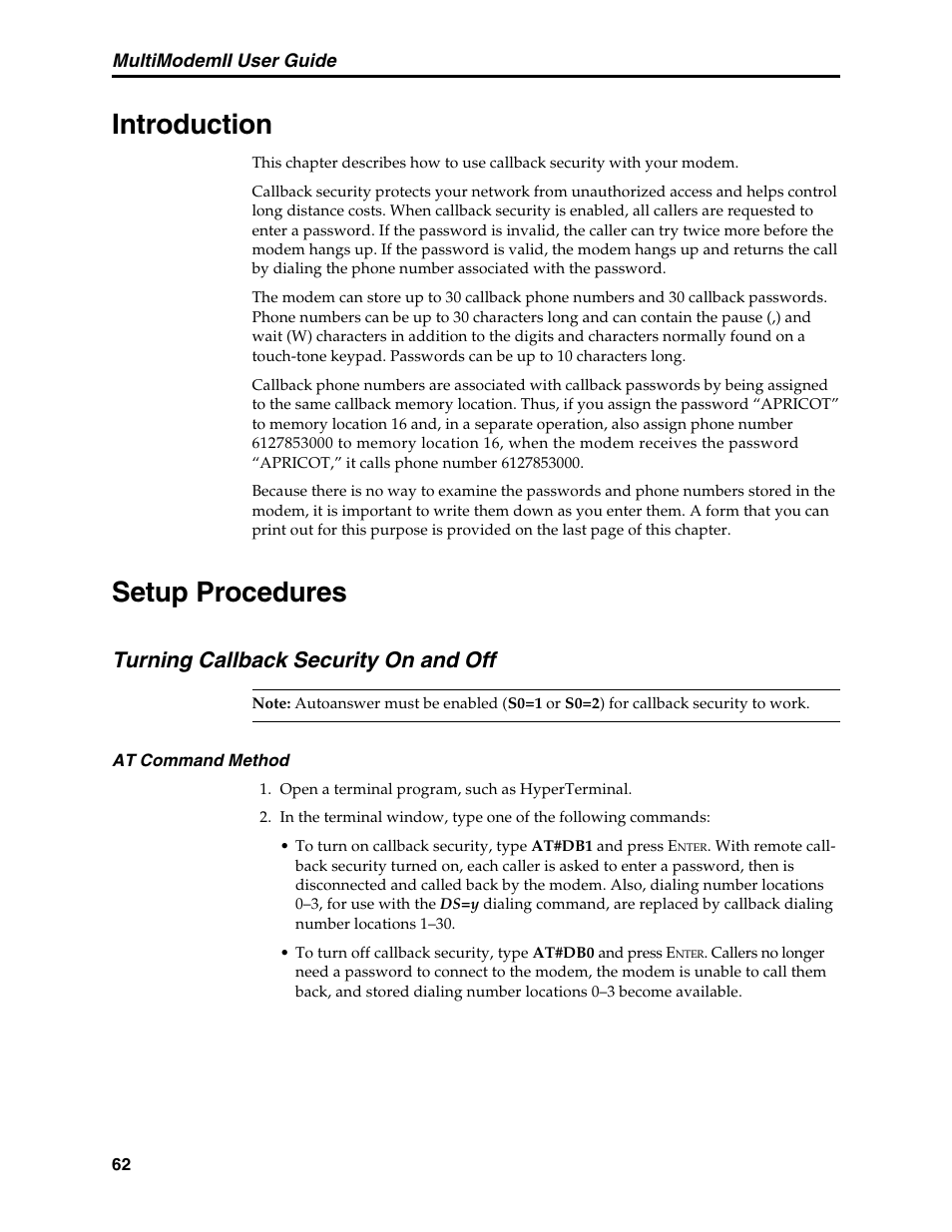 Chapter 6: callback security, Introduction, Setup procedures | Turning callback security on and off, Introduction setup procedures | Multi-Tech Systems MT5600BL User Manual | Page 70 / 118