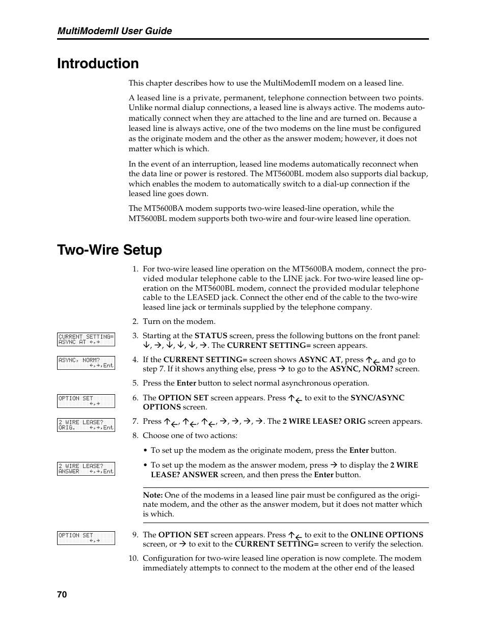 Chapter 7: leased line operation, Introduction, Two-wire setup | Introduction two-wire setup | Multi-Tech Systems MT5600BL User Manual | Page 78 / 118