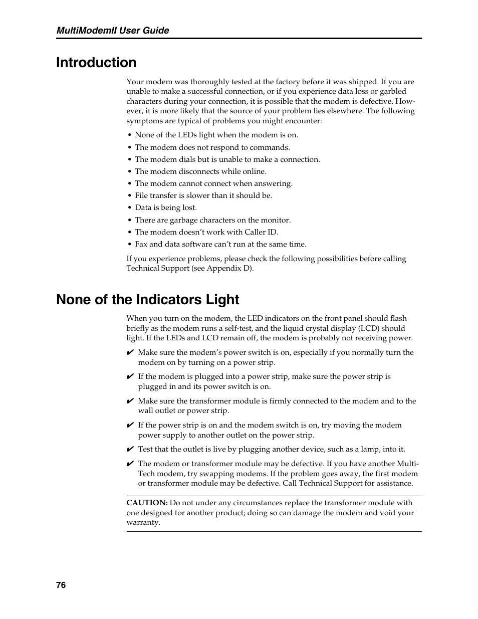 Chapter 8: solving problems, Introduction, None of the indicators light | Introduction none of the indicators light | Multi-Tech Systems MT5600BL User Manual | Page 84 / 118