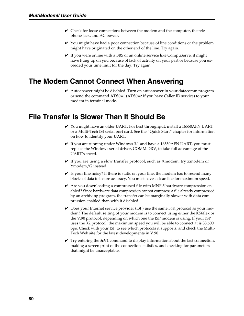 The modem cannot connect when answering, File transfer is slower than it should be | Multi-Tech Systems MT5600BL User Manual | Page 88 / 118