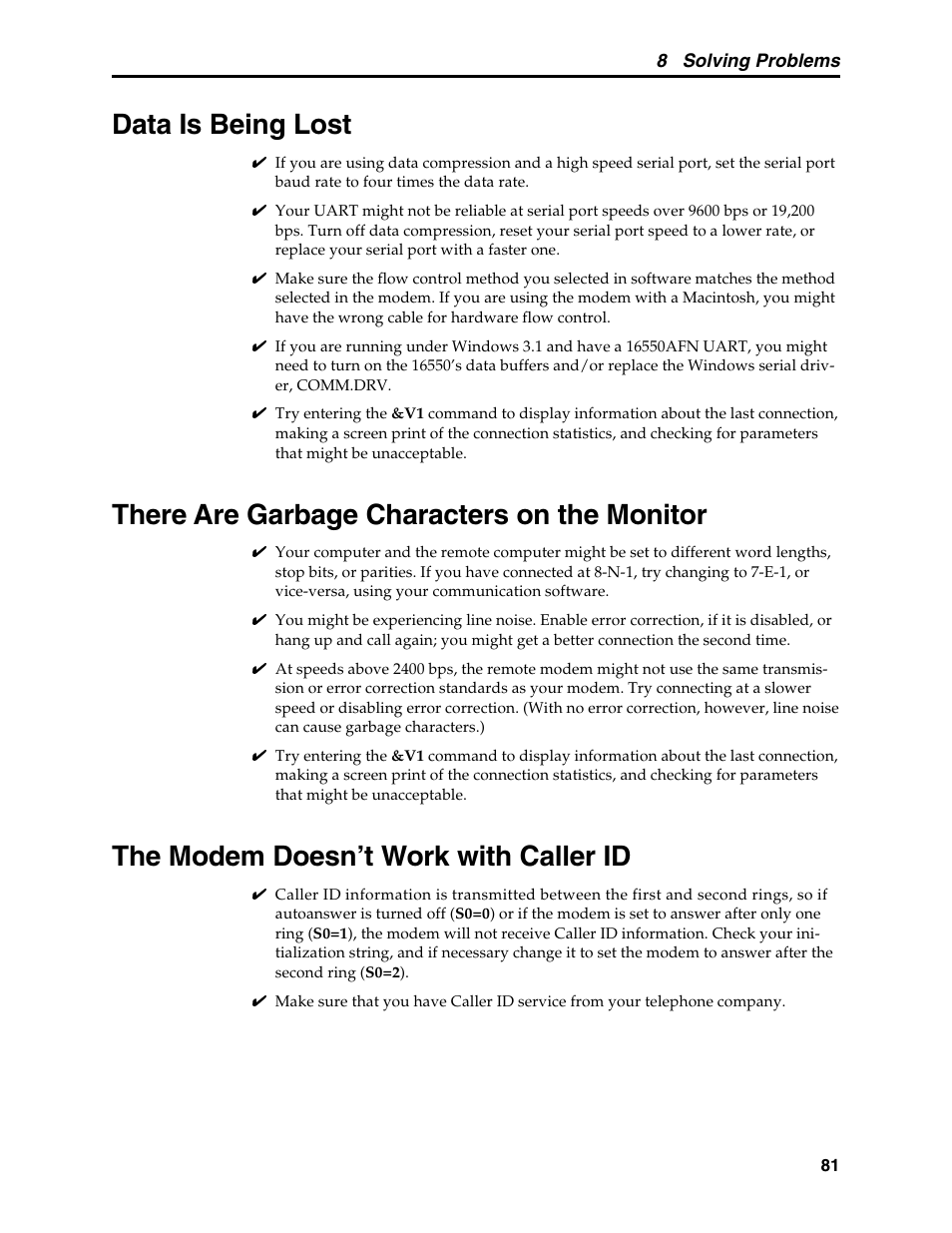 Data is being lost, There are garbage characters on the monitor, The modem doesn't work with caller id | The modem doesn’t work with caller id | Multi-Tech Systems MT5600BL User Manual | Page 89 / 118
