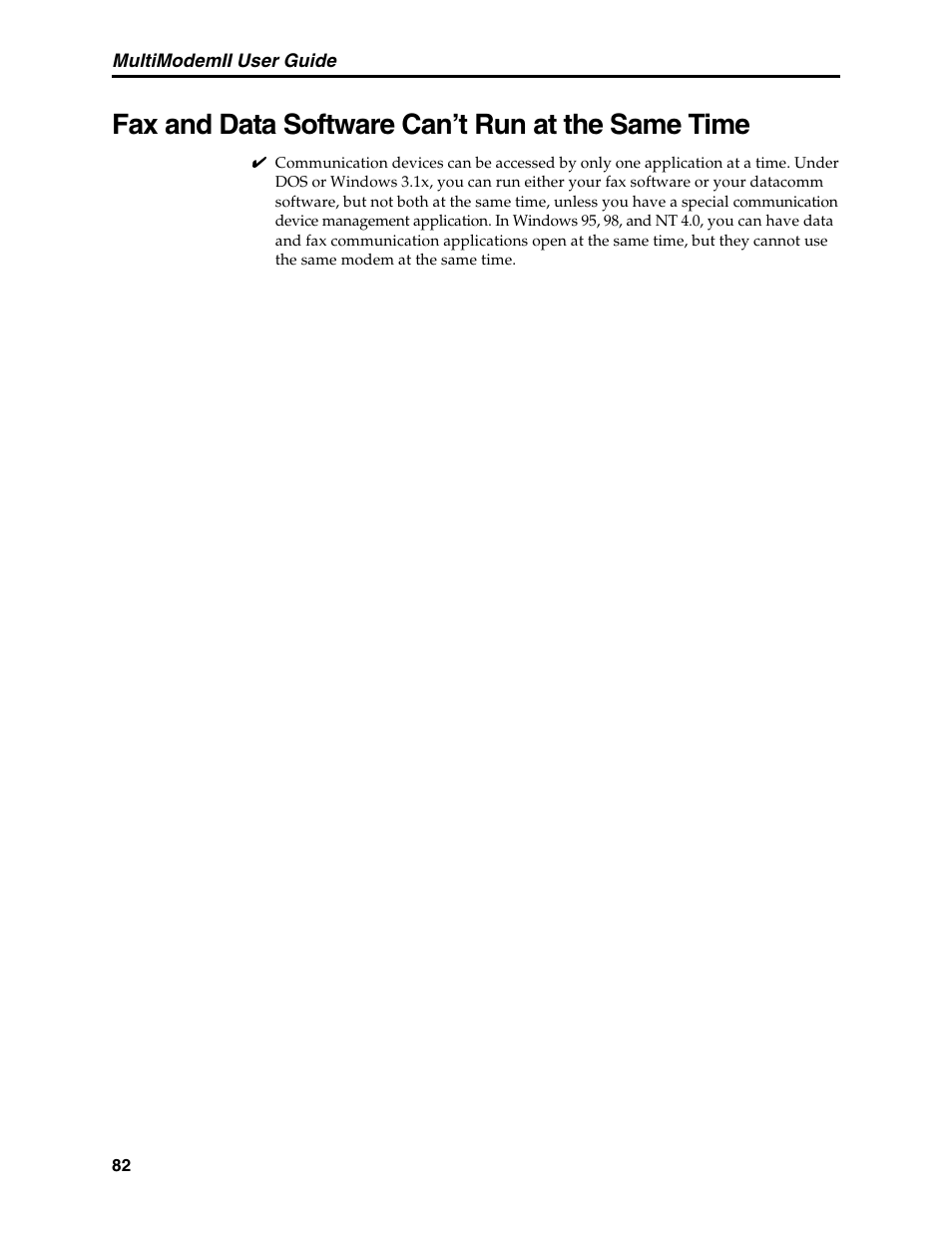 Fax and data software can't run at the same time, Fax and data software can’t run at the same time | Multi-Tech Systems MT5600BL User Manual | Page 90 / 118