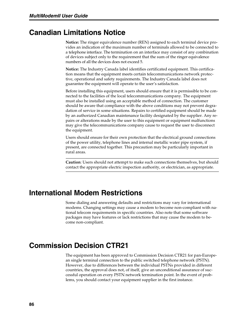 Canadian limitations notice, International modem restrictions, Commission decision ctr21 | Multi-Tech Systems MT5600BL User Manual | Page 94 / 118