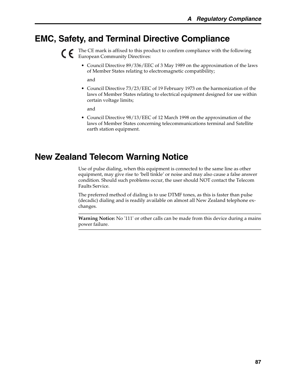 Emc, safety, and terminal directive compliance, New zealand telecom warning notice | Multi-Tech Systems MT5600BL User Manual | Page 95 / 118