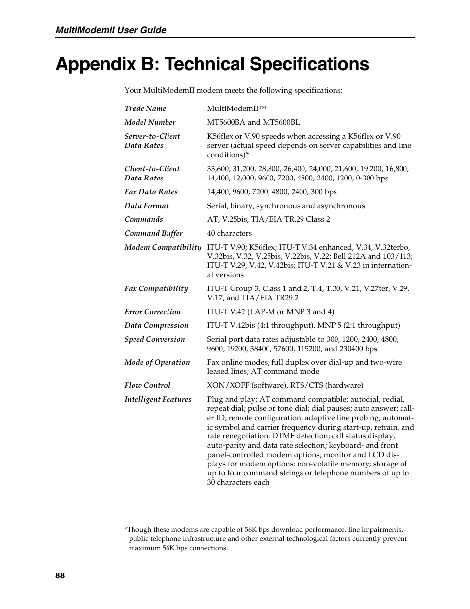 Appendix b: technical specifications | Multi-Tech Systems MT5600BL User Manual | Page 96 / 118
