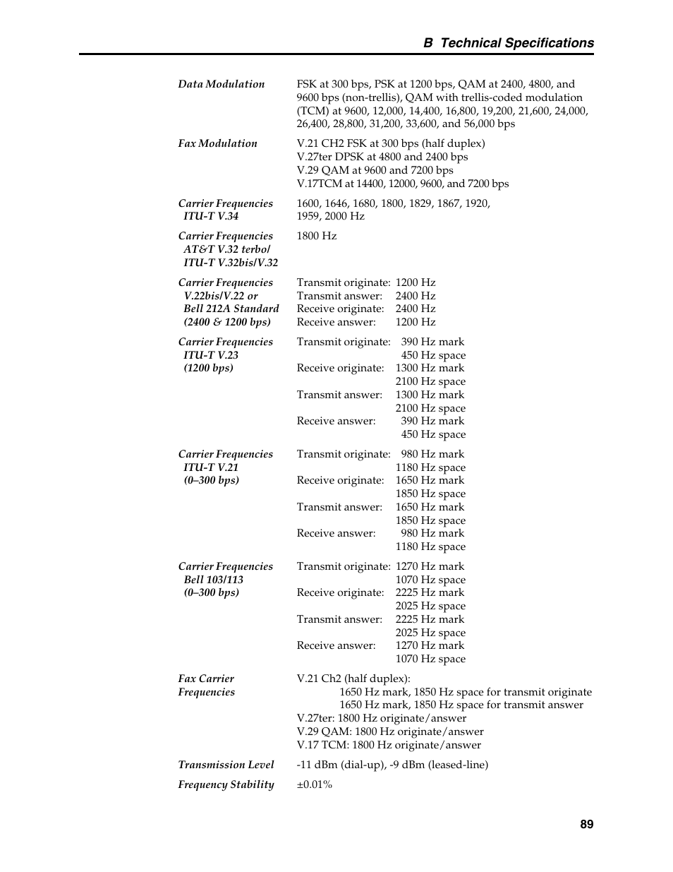 B technical specifications | Multi-Tech Systems MT5600BL User Manual | Page 97 / 118