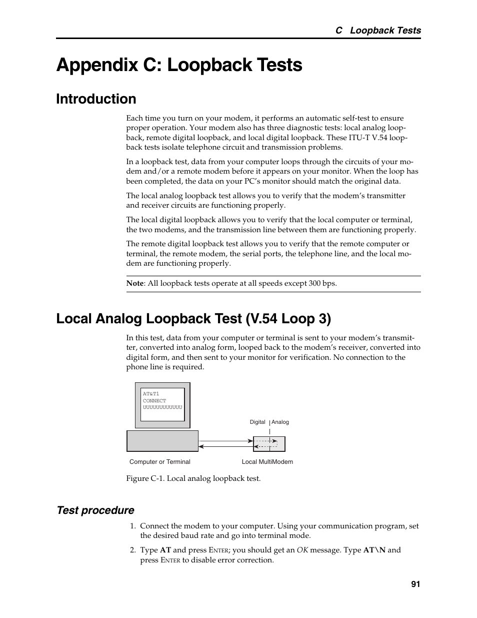 Appendix c: loopback tests, Introduction, Local analog loopback test (v.54 loop 3) | Test procedure | Multi-Tech Systems MT5600BL User Manual | Page 99 / 118