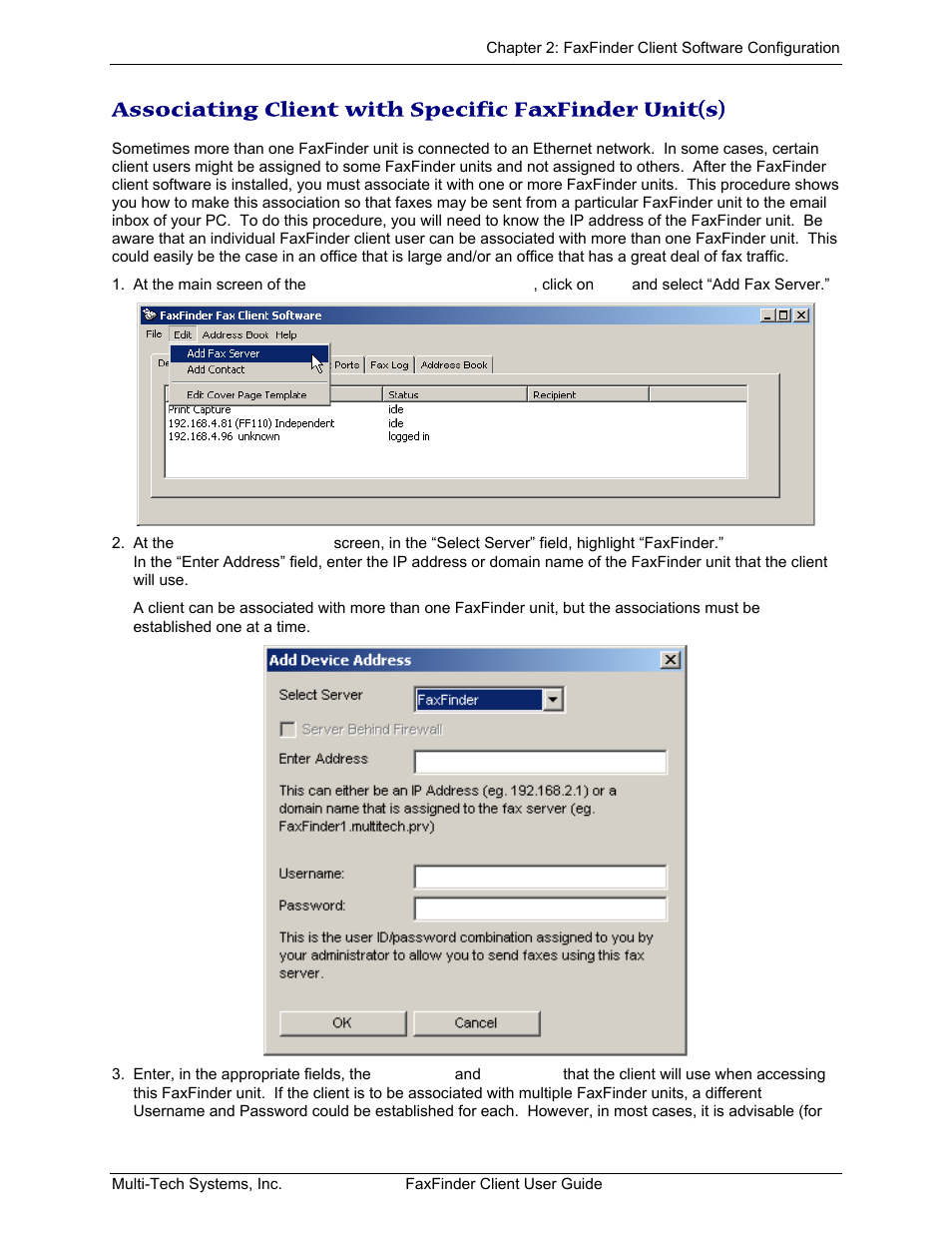 Associating client with specific faxfinder unit(s), Ssociating, Lient with | Pecific, Inder | Multi-Tech Systems FaxFinder V.34 Fax Servers FF Model Series User Manual | Page 13 / 96
