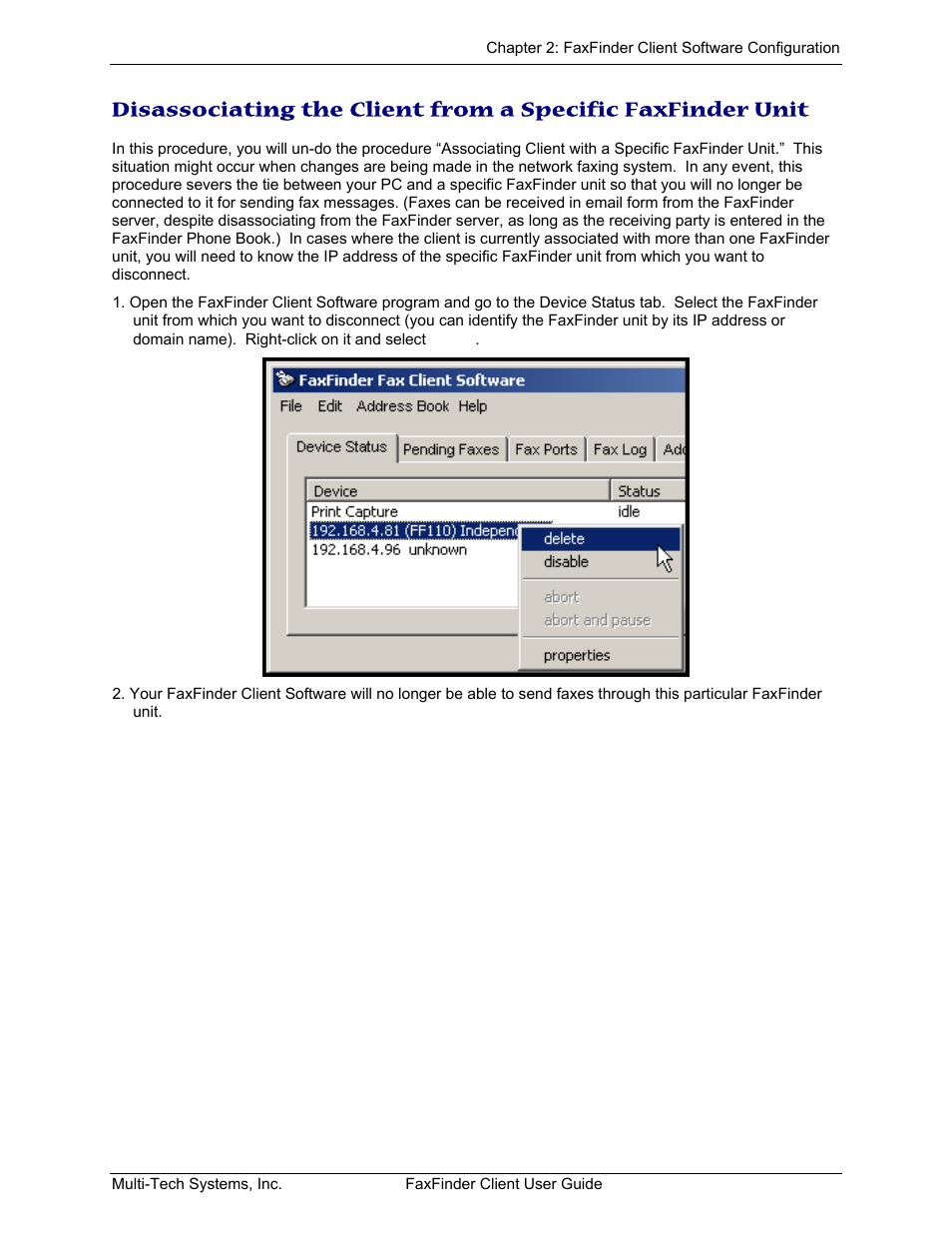 Isassociating the, Lient from a, Pecific | Inder | Multi-Tech Systems FaxFinder V.34 Fax Servers FF Model Series User Manual | Page 15 / 96