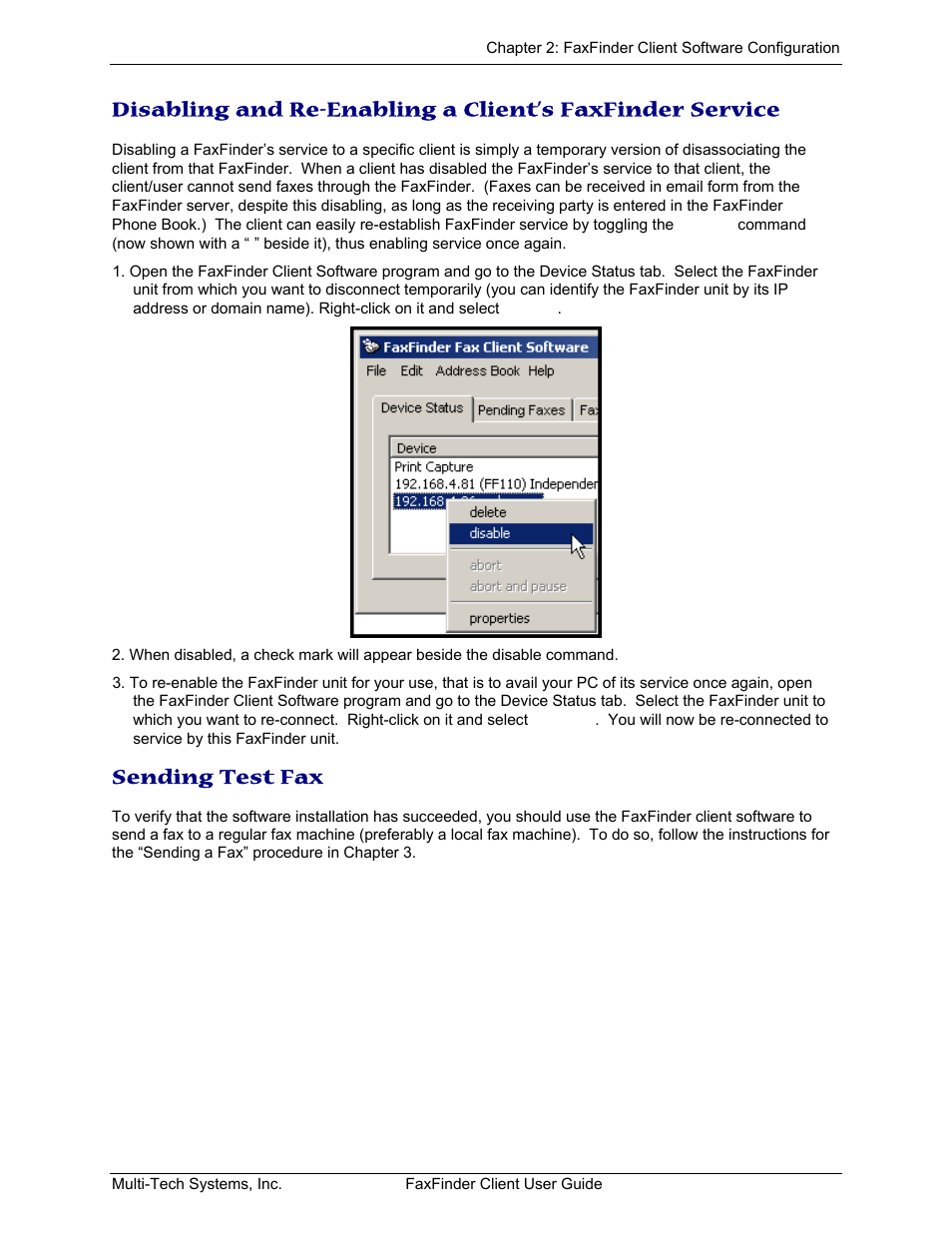 Sending test fax, Isabling and, Nabling a | Lient, Inder, Ervice, Ending | Multi-Tech Systems FaxFinder V.34 Fax Servers FF Model Series User Manual | Page 16 / 96
