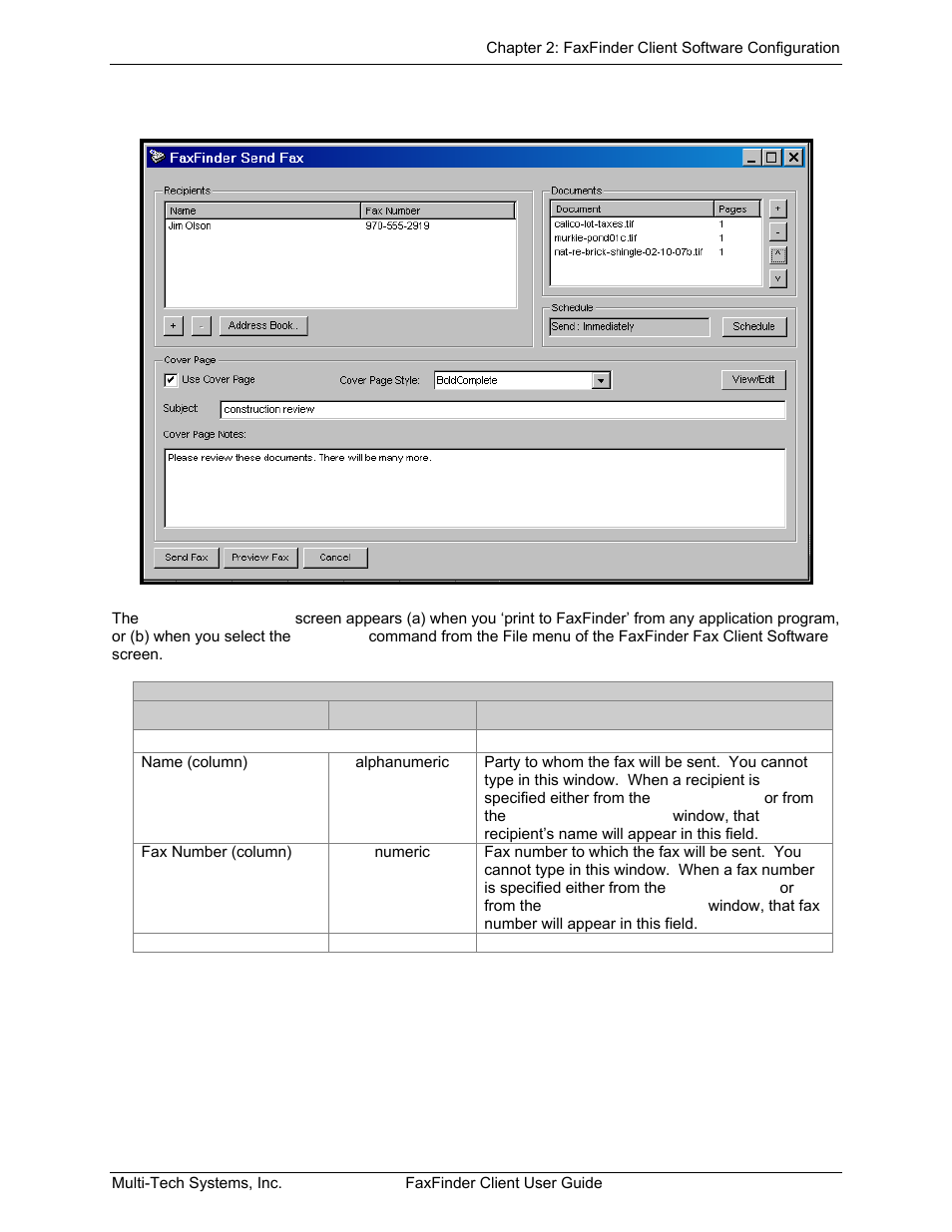 The faxfinder send fax screen | Multi-Tech Systems FaxFinder V.34 Fax Servers FF Model Series User Manual | Page 18 / 96