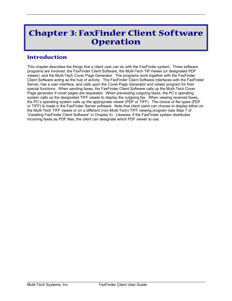 Chapter 3: faxfinder client software operation, Introduction, Ntroduction | Multi-Tech Systems FaxFinder V.34 Fax Servers FF Model Series User Manual | Page 29 / 96
