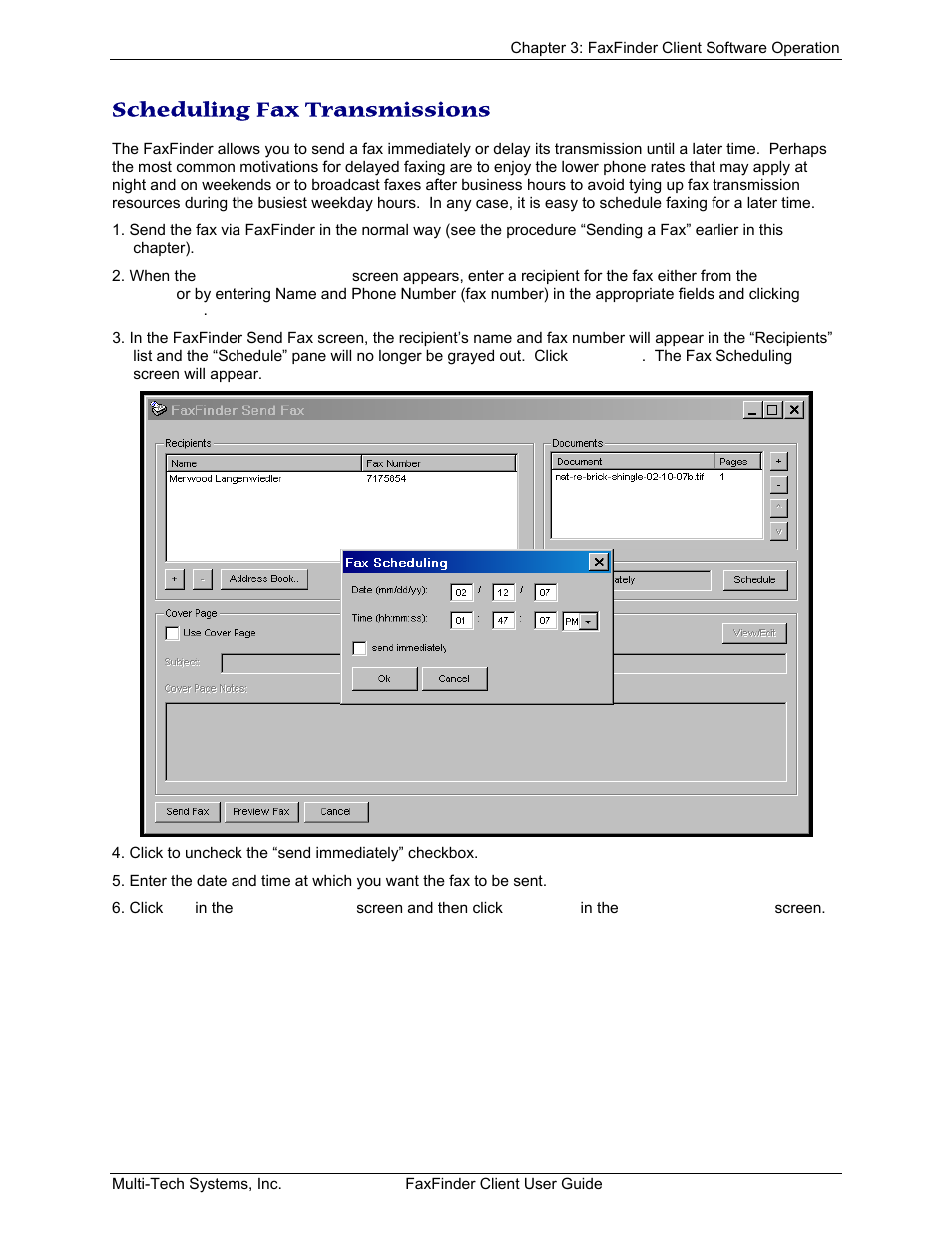 Scheduling fax transmissions, Cheduling, Ransmissions | Multi-Tech Systems FaxFinder V.34 Fax Servers FF Model Series User Manual | Page 35 / 96