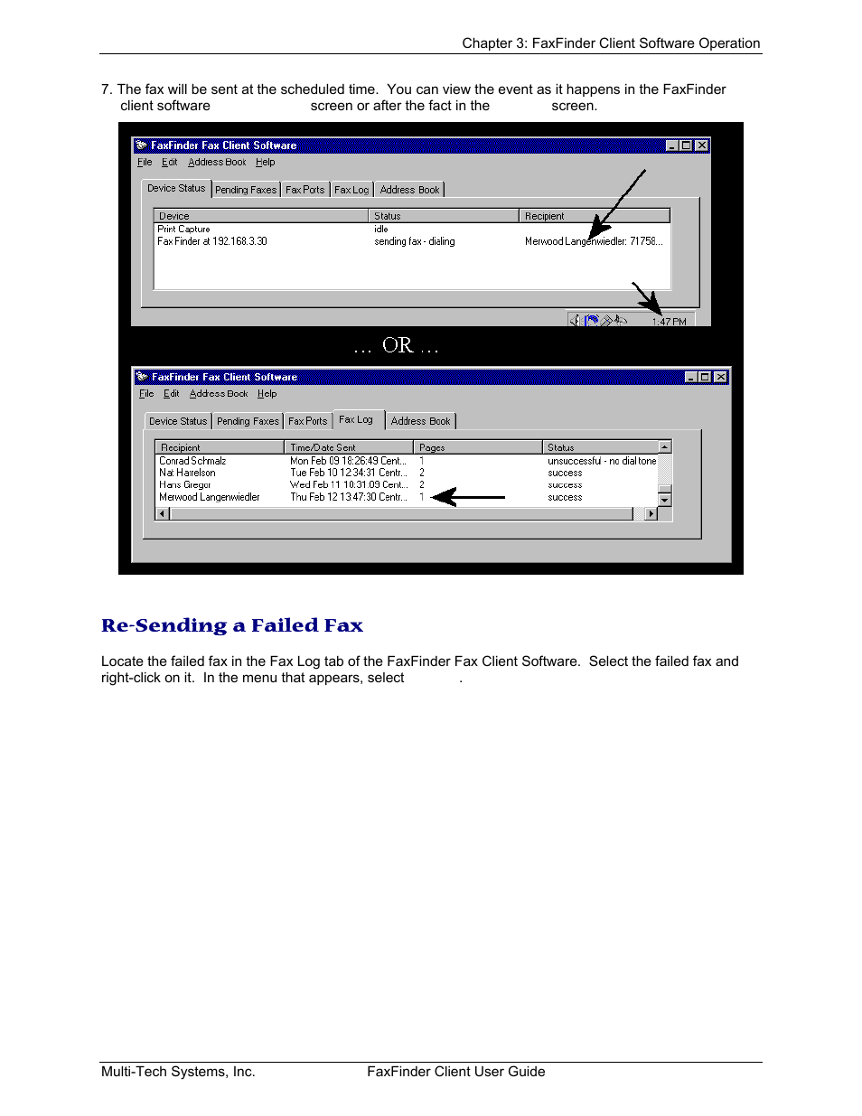 Re-sending a failed fax, Ending a, Ailed | Multi-Tech Systems FaxFinder V.34 Fax Servers FF Model Series User Manual | Page 36 / 96