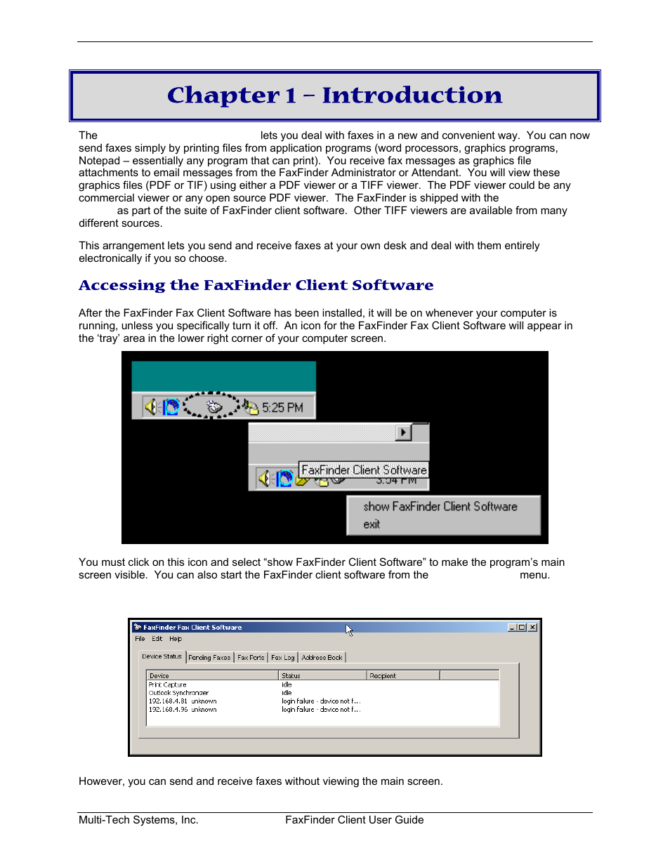 Chapter 1 – introduction, Accessing the faxfinder client software, Ccessing the | Inder, Lient, Oftware | Multi-Tech Systems FaxFinder V.34 Fax Servers FF Model Series User Manual | Page 4 / 96