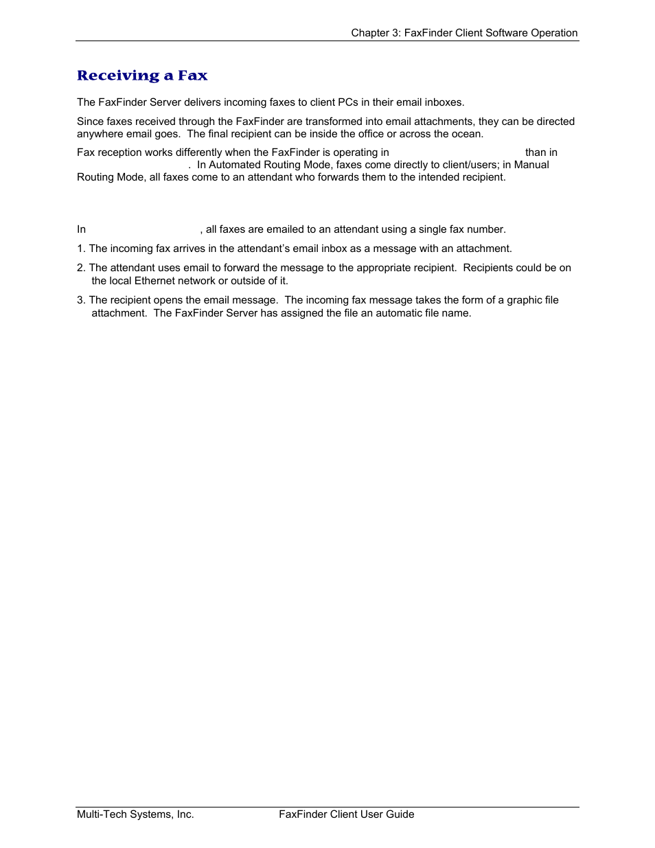 Receiving a fax, Receiving faxes in manual routing mode, Eceiving a | Multi-Tech Systems FaxFinder V.34 Fax Servers FF Model Series User Manual | Page 45 / 96