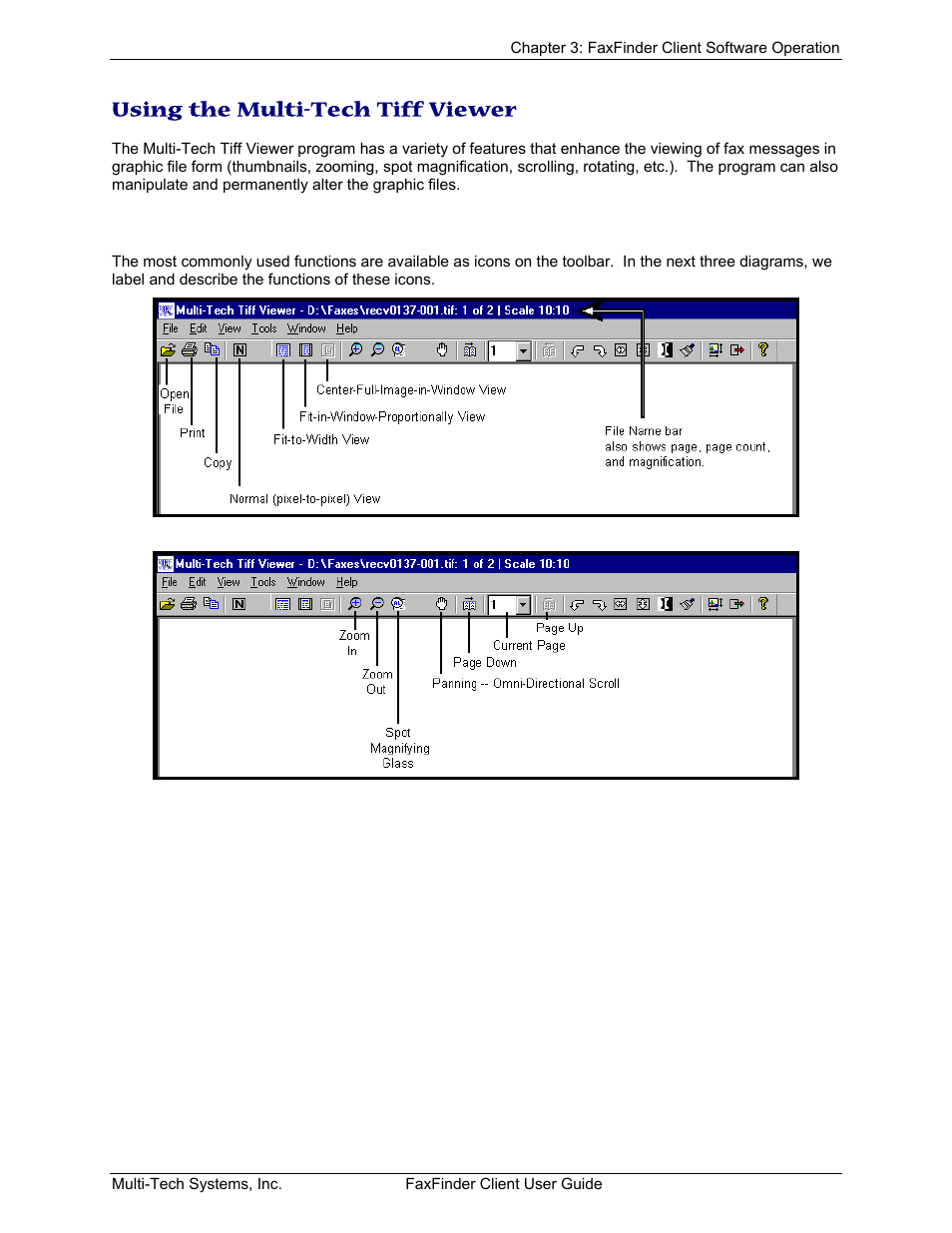 Using the multi-tech tiff viewer, Frequently used commands – toolbar icons, Sing the | Ulti, Iewer | Multi-Tech Systems FaxFinder V.34 Fax Servers FF Model Series User Manual | Page 49 / 96