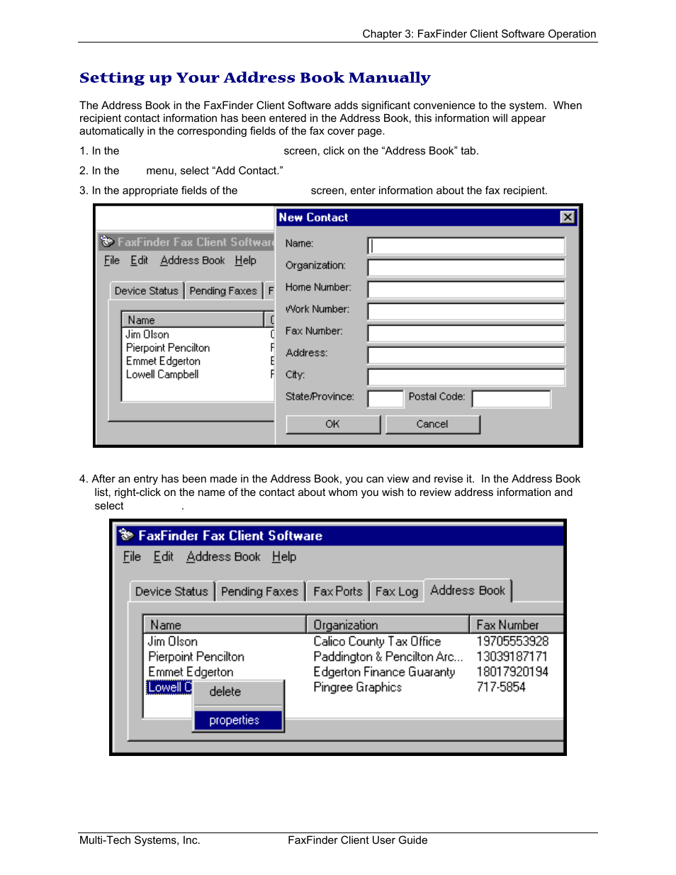 Setting up your address book manually, Etting up, Ddress | Anually | Multi-Tech Systems FaxFinder V.34 Fax Servers FF Model Series User Manual | Page 55 / 96