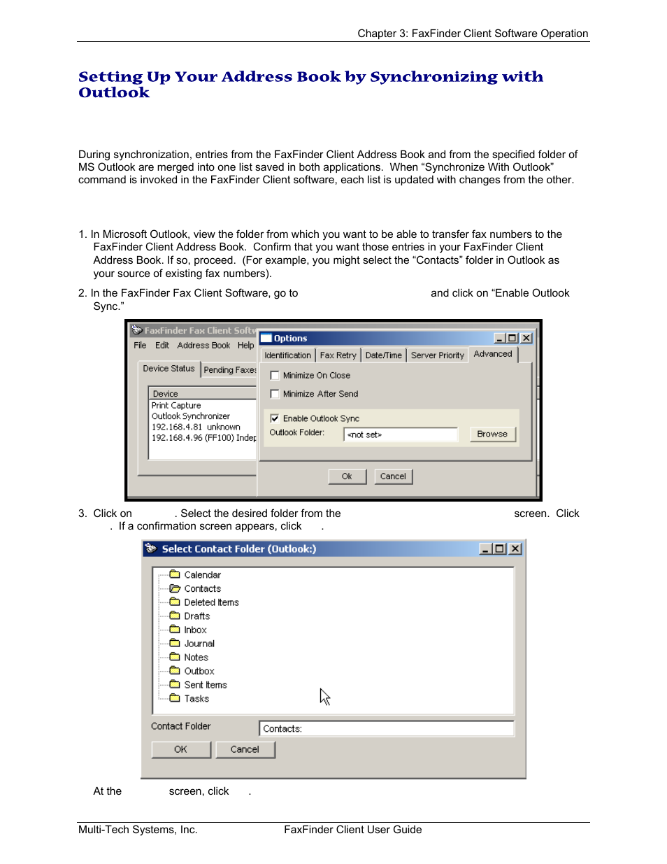 What synchronization means, Synchronization procedure, Etting | Ddress, Ook by, Ynchronizing with, Utlook | Multi-Tech Systems FaxFinder V.34 Fax Servers FF Model Series User Manual | Page 58 / 96