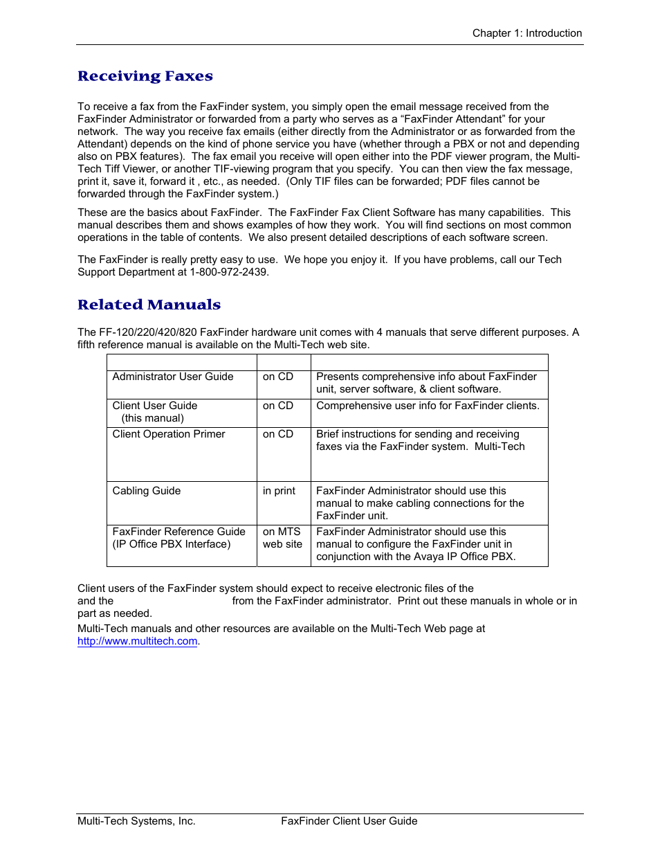 Receiving faxes, Related manuals, Eceiving | Axes, Elated, Anuals | Multi-Tech Systems FaxFinder V.34 Fax Servers FF Model Series User Manual | Page 6 / 96