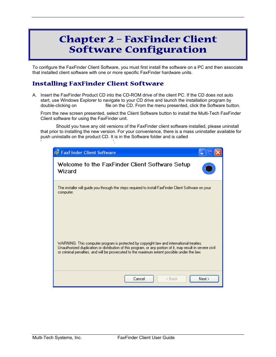 Installing faxfinder client software, Nstalling, Inder | Lient, Oftware | Multi-Tech Systems FaxFinder V.34 Fax Servers FF Model Series User Manual | Page 7 / 96