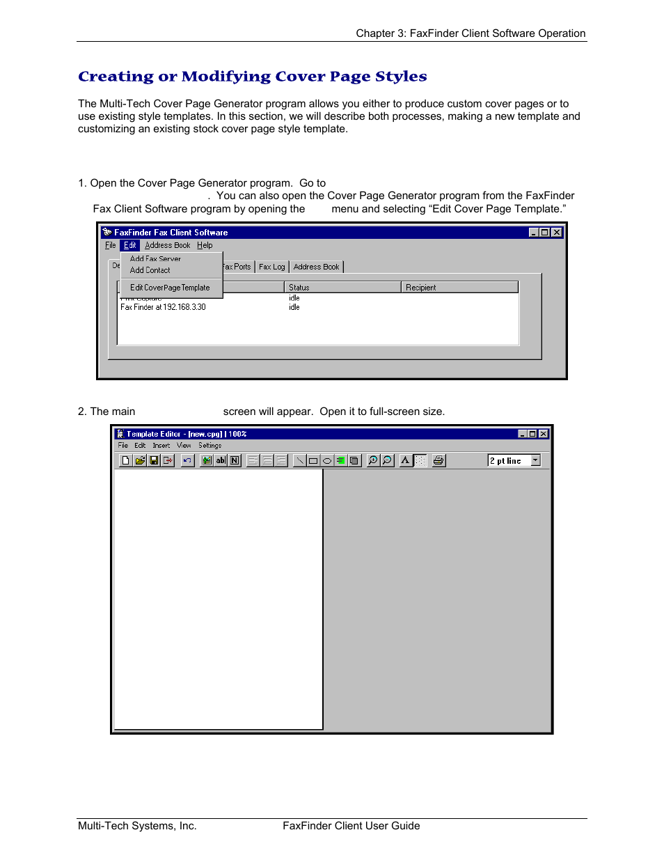 Reating or, Odifying, Over | Tyles, Creating or modifying cover page styles | Multi-Tech Systems FaxFinder V.34 Fax Servers FF Model Series User Manual | Page 79 / 96