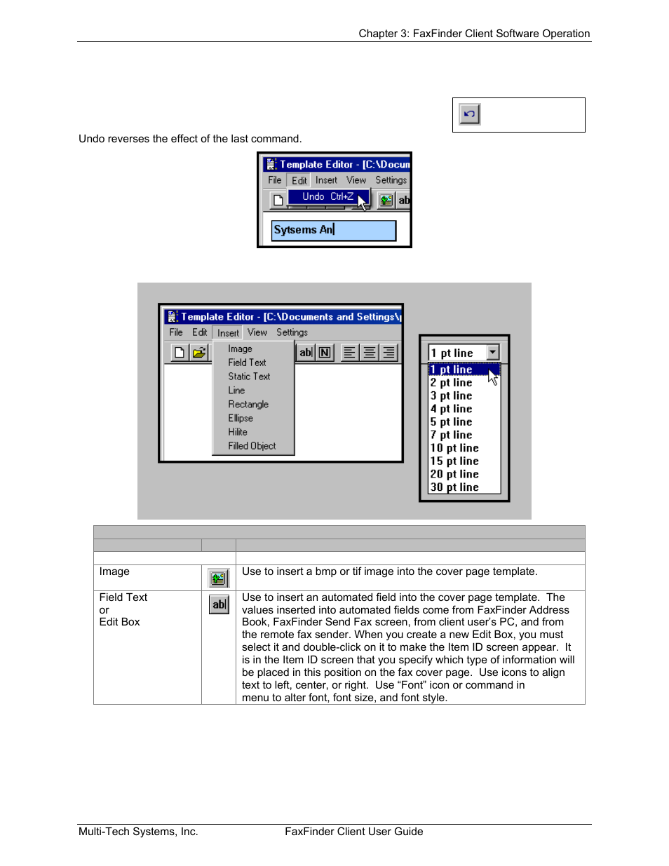 Edit menu, Insert menu | Multi-Tech Systems FaxFinder V.34 Fax Servers FF Model Series User Manual | Page 92 / 96