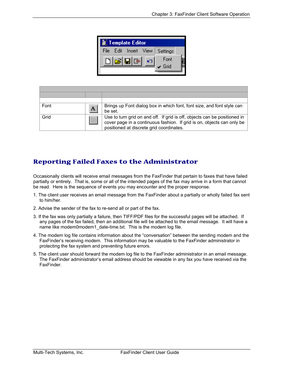 Settings menu, Reporting failed faxes to the administrator, Eporting | Ailed, Axes to the, Dministrator | Multi-Tech Systems FaxFinder V.34 Fax Servers FF Model Series User Manual | Page 94 / 96