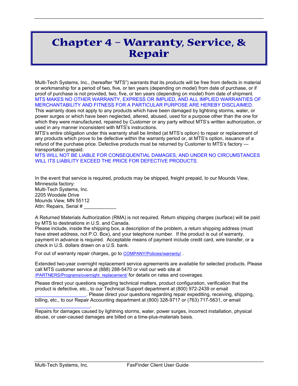 Chapter 4 – warranty, service, & repair, Multi-tech warranty statement | Multi-Tech Systems FaxFinder V.34 Fax Servers FF Model Series User Manual | Page 95 / 96