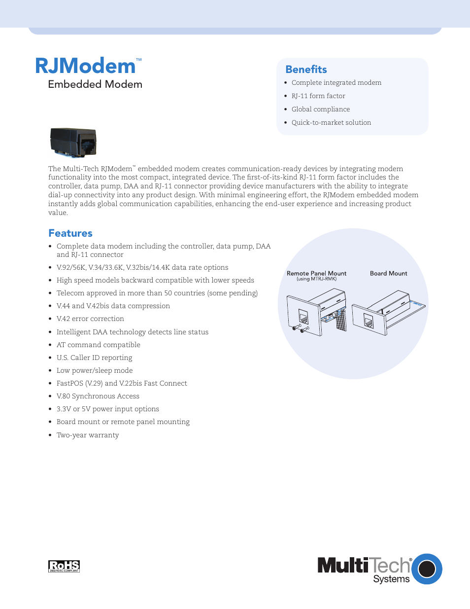 Multi-Tech Systems Embedded Modem User Manual | 2 pages