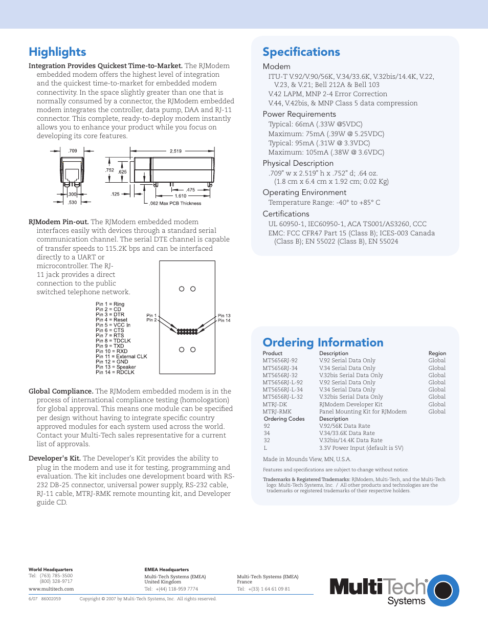 Highlights, Ordering information, Specifications | Modem, Power requirements, Physical description, Operating environment, Certifications | Multi-Tech Systems Embedded Modem User Manual | Page 2 / 2