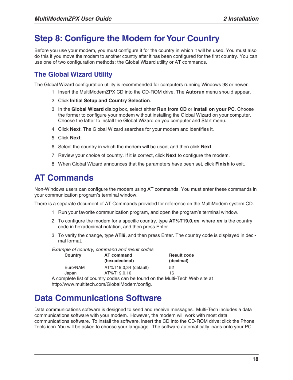 Step 8: configure the modem for your country, At commands, Data communications software | The global wizard utility | Multi-Tech Systems MT5634ZPX-V.92-ISA User Manual | Page 18 / 51
