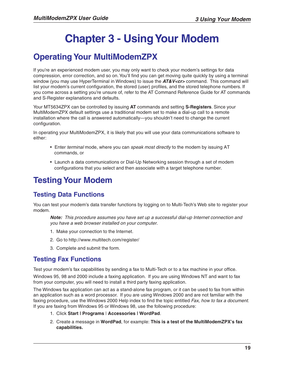 Chapter 3 - using your modem, Operating your multimodemzpx, Testing your modem | Testing data functions, Testing fax functions | Multi-Tech Systems MT5634ZPX-V.92-ISA User Manual | Page 19 / 51