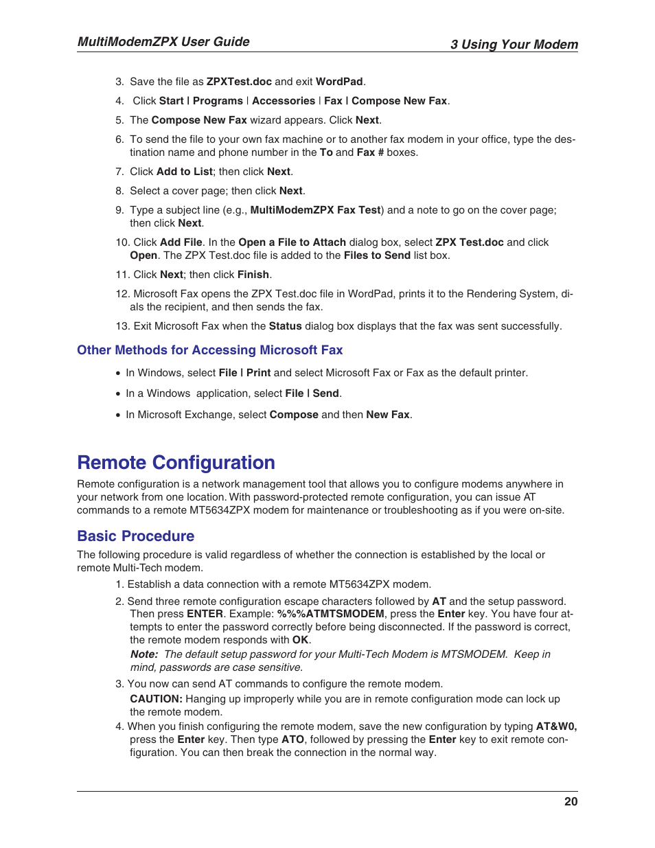 Remote configuration, Basic procedure | Multi-Tech Systems MT5634ZPX-V.92-ISA User Manual | Page 20 / 51