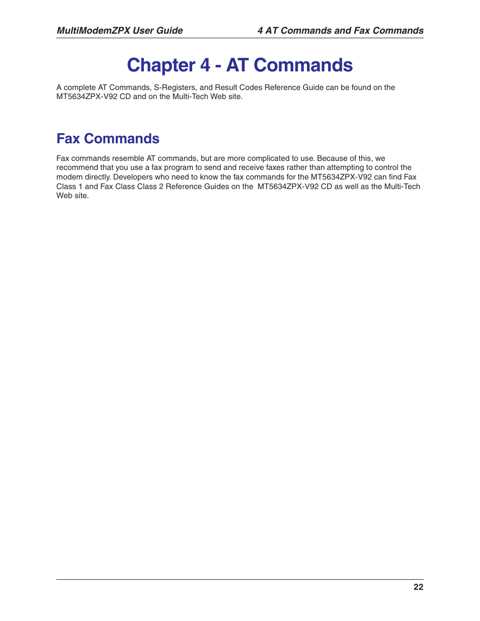 Chapter 4 - at commands, Fax commands | Multi-Tech Systems MT5634ZPX-V.92-ISA User Manual | Page 22 / 51