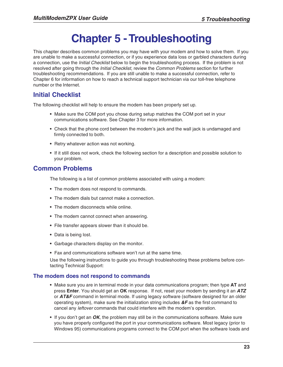 Chapter 5 - troubleshooting, Initial checklist, Common problems | Multi-Tech Systems MT5634ZPX-V.92-ISA User Manual | Page 23 / 51