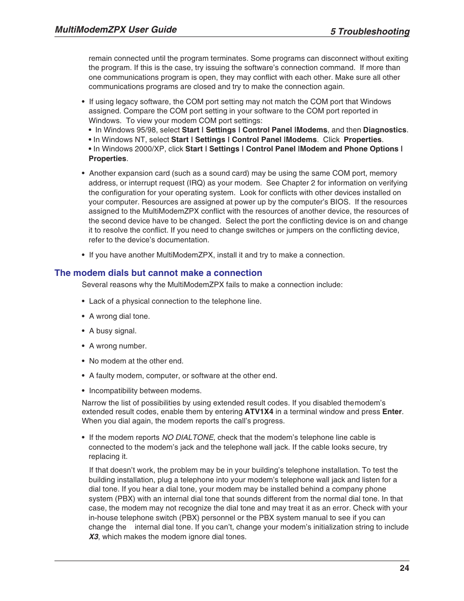 5 troubleshooting, Multimodemzpx user guide | Multi-Tech Systems MT5634ZPX-V.92-ISA User Manual | Page 24 / 51