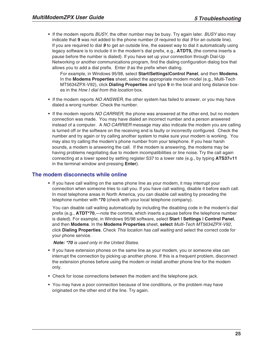 5 troubleshooting, Multimodemzpx user guide | Multi-Tech Systems MT5634ZPX-V.92-ISA User Manual | Page 25 / 51
