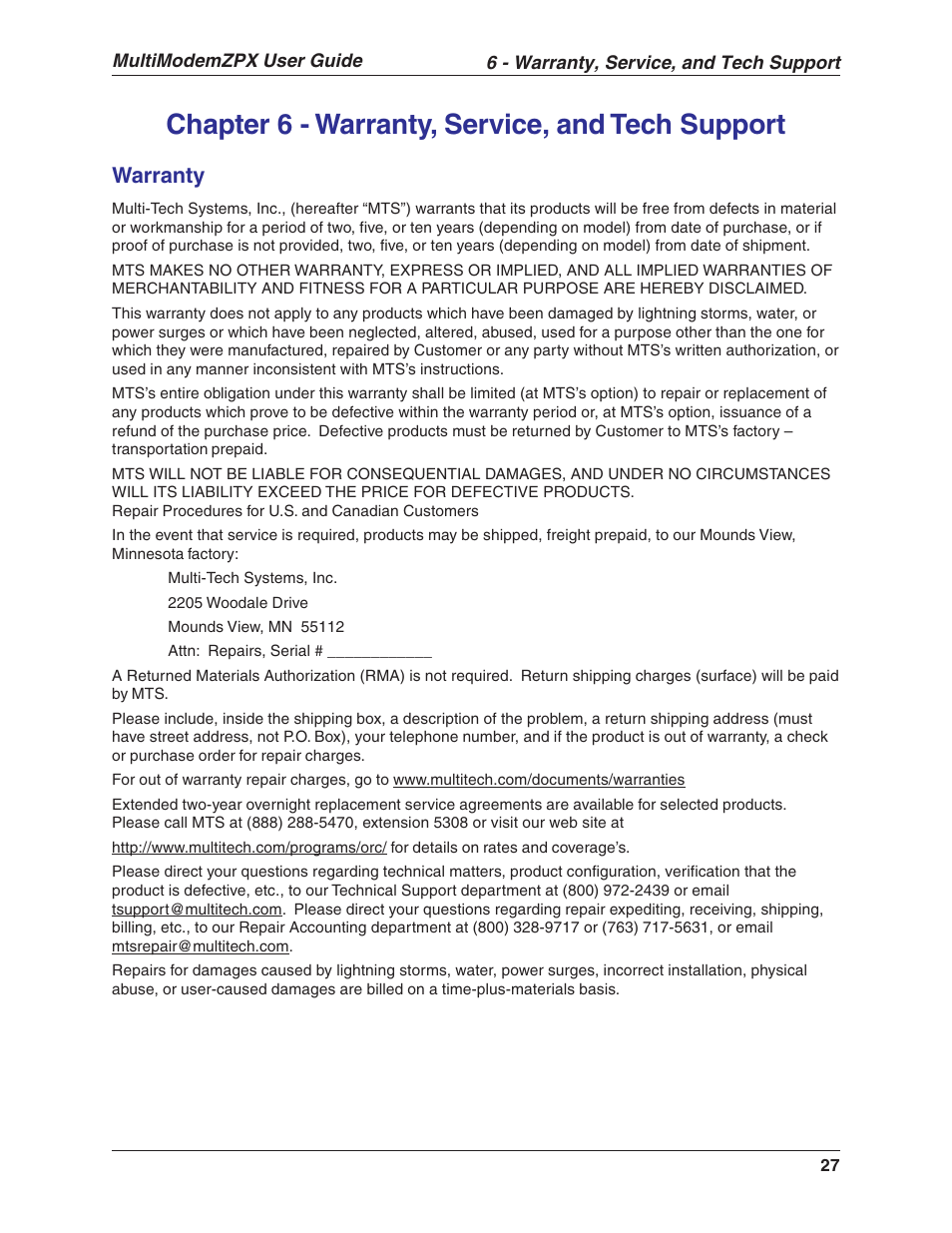 Chapter 6 - warranty, service, and tech support, Warranty | Multi-Tech Systems MT5634ZPX-V.92-ISA User Manual | Page 27 / 51
