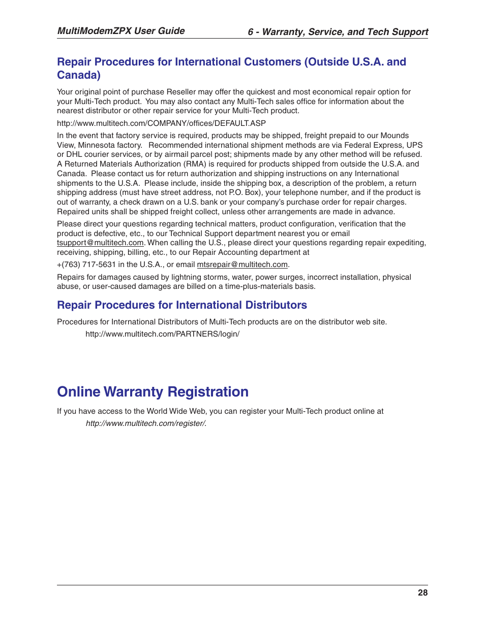 Online warranty registration, Repair procedures for international distributors | Multi-Tech Systems MT5634ZPX-V.92-ISA User Manual | Page 28 / 51