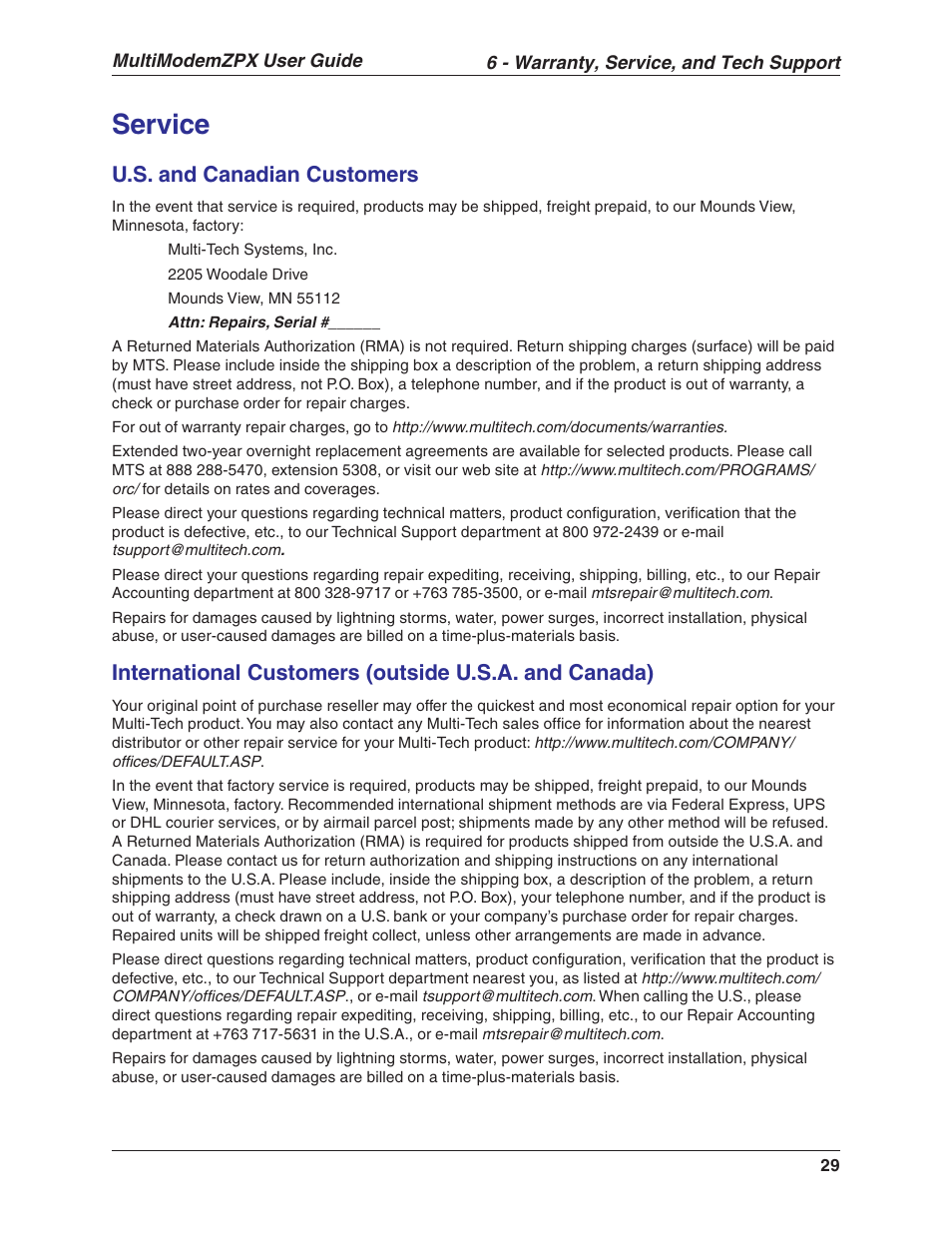 Service, U.s. and canadian customers | Multi-Tech Systems MT5634ZPX-V.92-ISA User Manual | Page 29 / 51