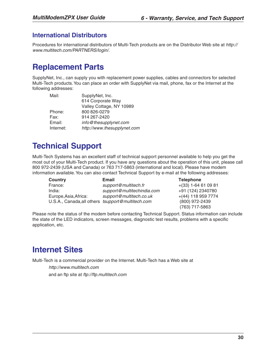 Replacement parts, Technical support, Internet sites | International distributors | Multi-Tech Systems MT5634ZPX-V.92-ISA User Manual | Page 30 / 51