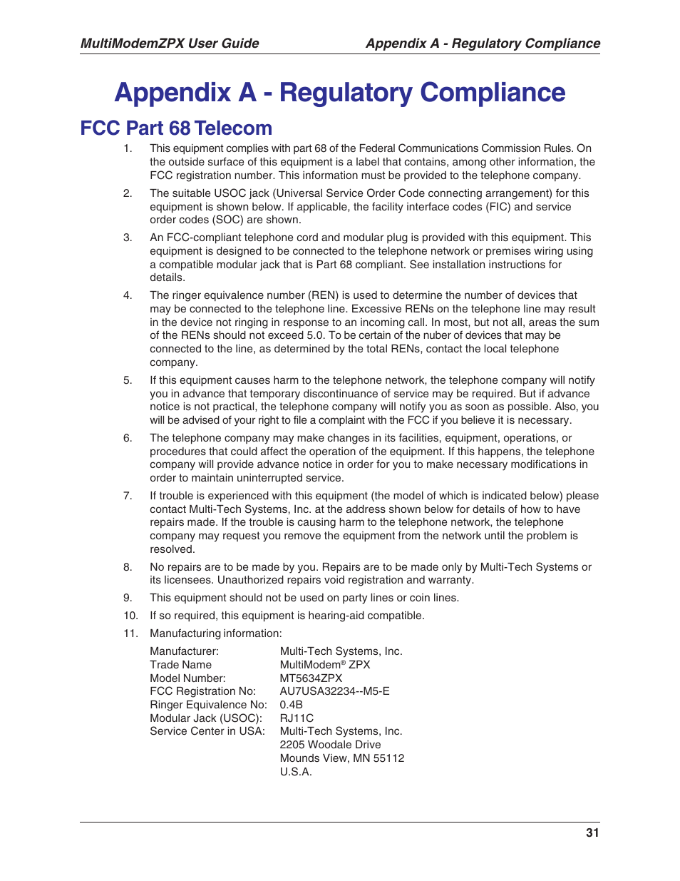 Appendix a - regulatory compliance, Fcc part 68 telecom | Multi-Tech Systems MT5634ZPX-V.92-ISA User Manual | Page 31 / 51