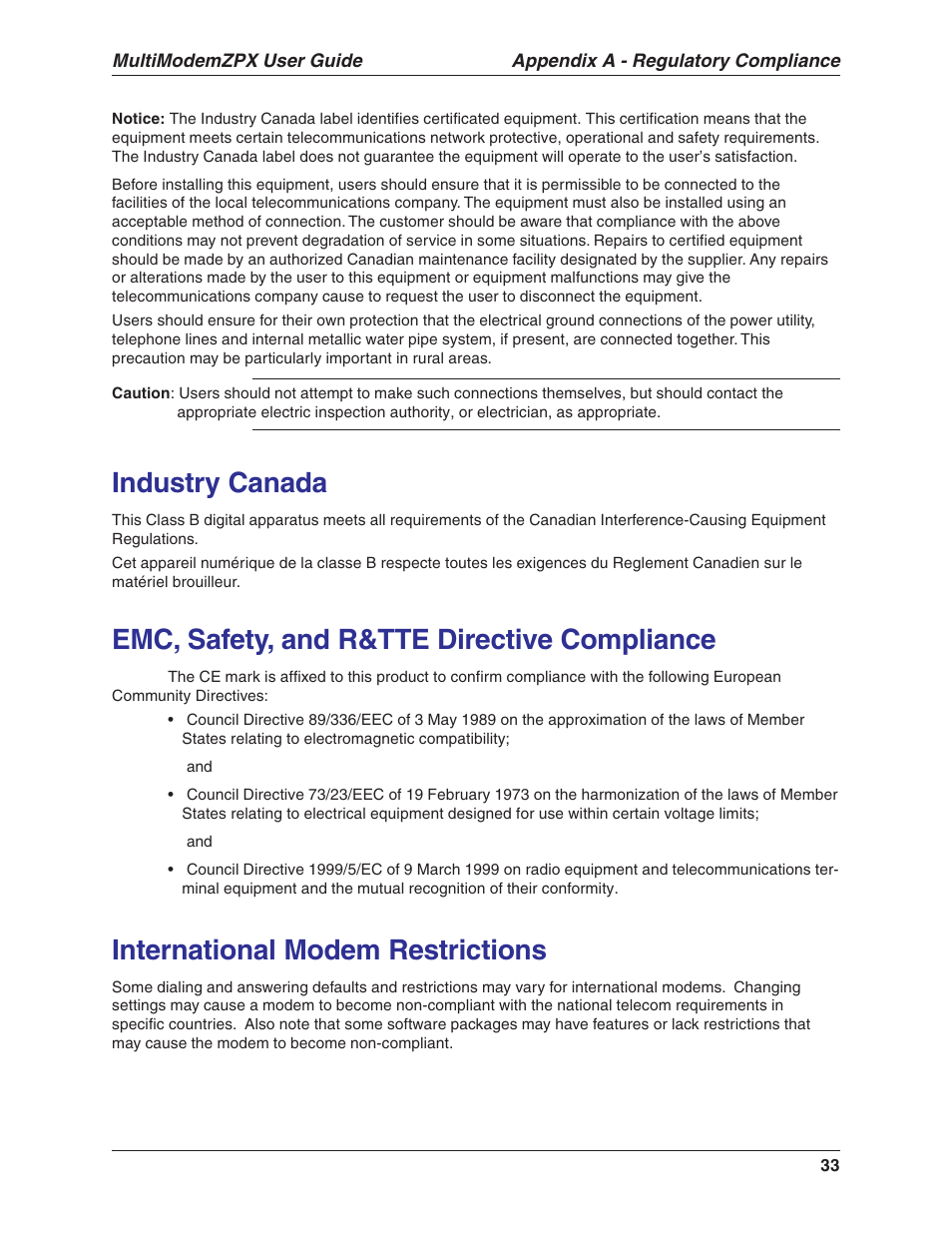 Industry canada, Emc, safety, and r&tte directive compliance, International modem restrictions | Multi-Tech Systems MT5634ZPX-V.92-ISA User Manual | Page 33 / 51