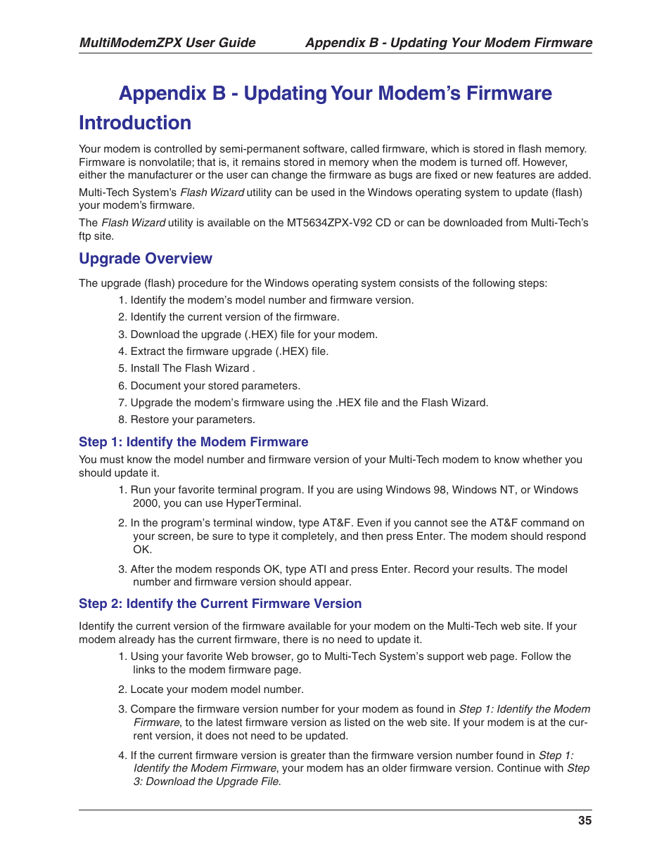 Upgrade overview | Multi-Tech Systems MT5634ZPX-V.92-ISA User Manual | Page 35 / 51