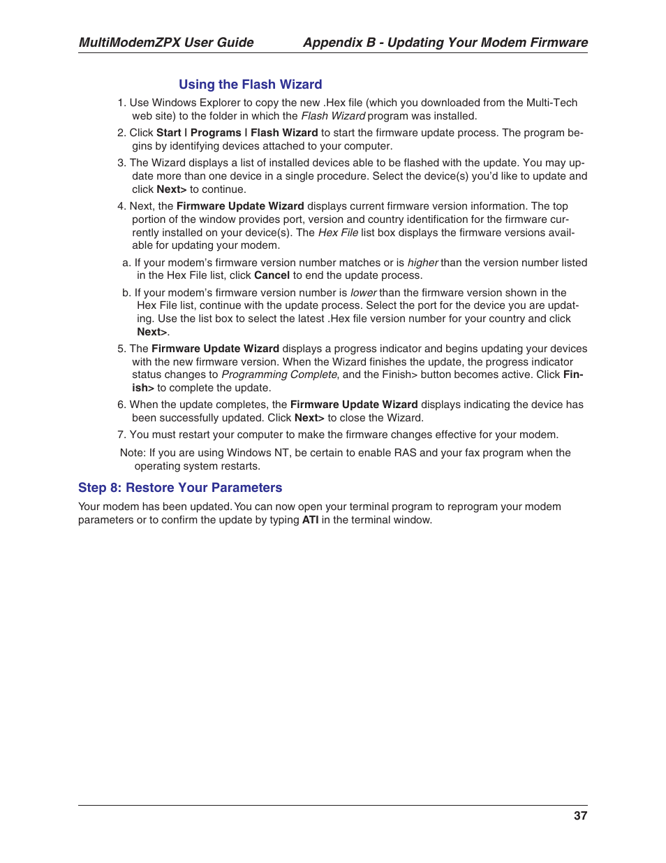 Appendix b - updating your modem firmware, Multimodemzpx user guide | Multi-Tech Systems MT5634ZPX-V.92-ISA User Manual | Page 37 / 51