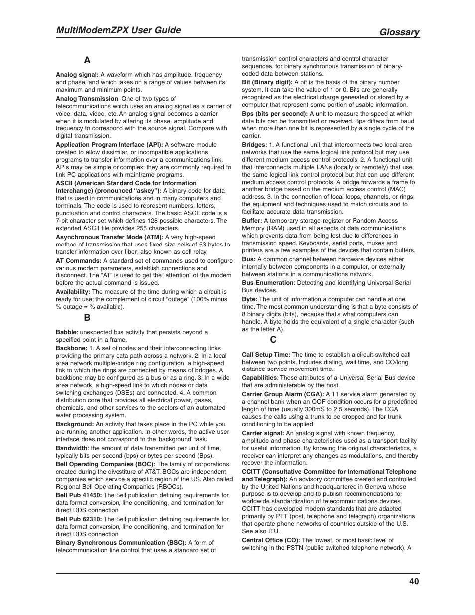 Glossary, Multimodemzpx user guide | Multi-Tech Systems MT5634ZPX-V.92-ISA User Manual | Page 40 / 51
